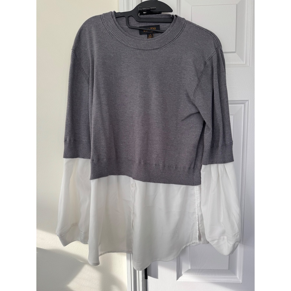 Truth by Republic Mixed Media Sweater Top Grey White Layered Look‎ Puff Sleeve L